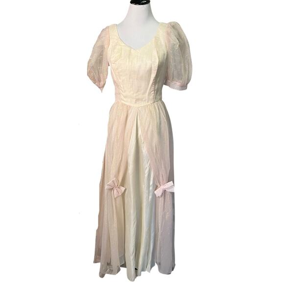 Vintage 1980s Cream Princess Dress with Sheer Iridescent Overlay Medium - Picture 1 of 6